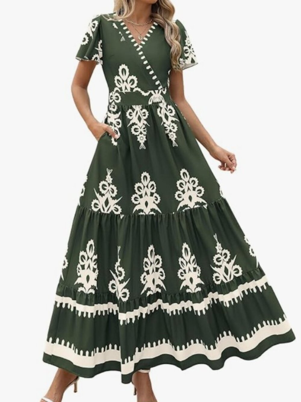PRETTYGARDEN Boho Maxi Dress with Pockets – green and white size XXL